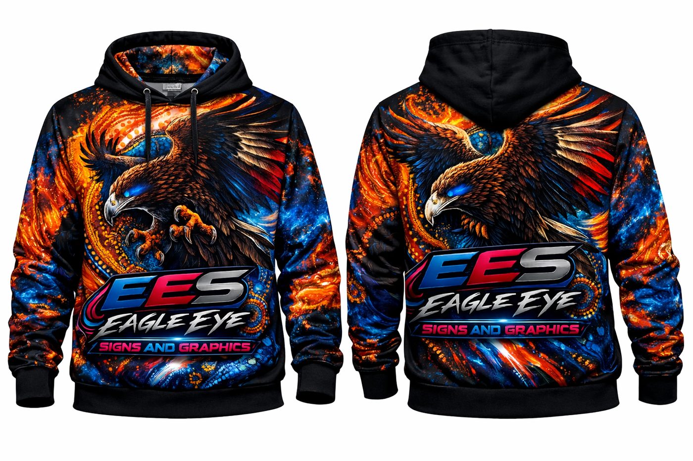 Custom printed hoodies with an eagle and flame design